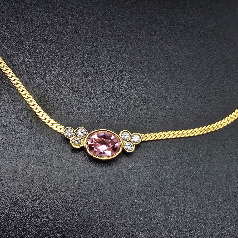 Avon 1990 Pastel Facets Necklace Pink Rhinestone Gold Tone Vintage
